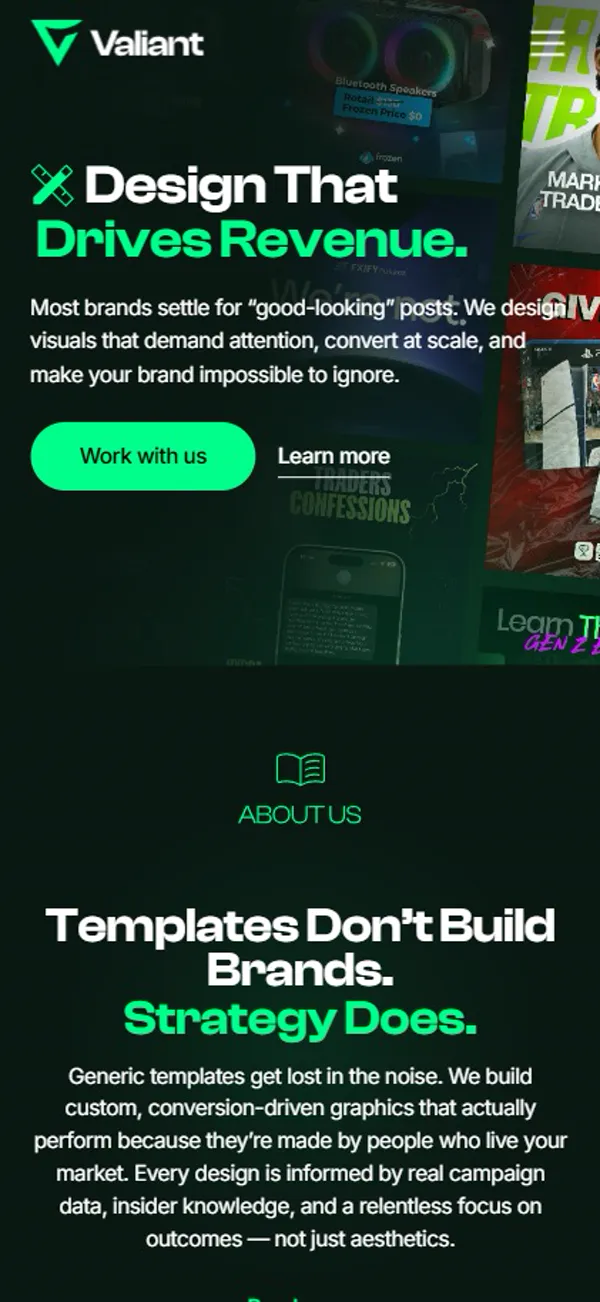 Valiant website, mobile view 2